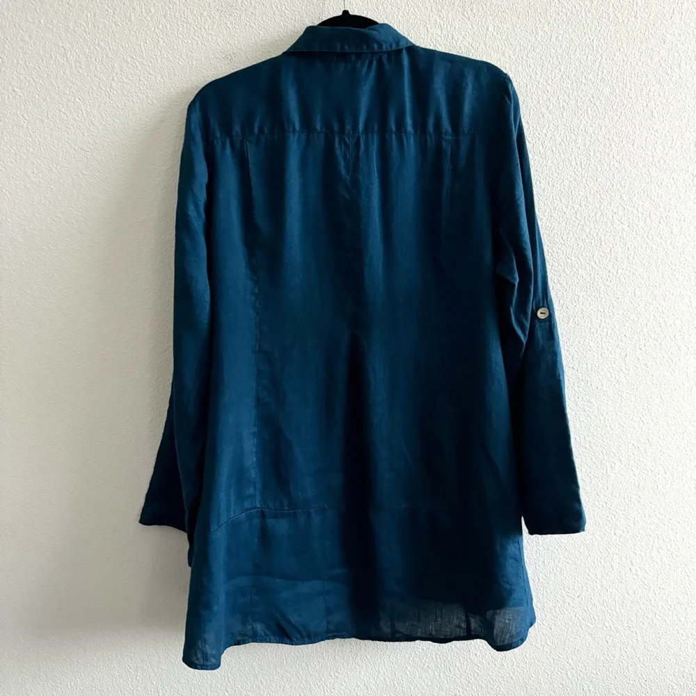 Soft Surroundings Island Breeze Shirt Deep Sea Blue Linen Button Down - Picture 6 of 10